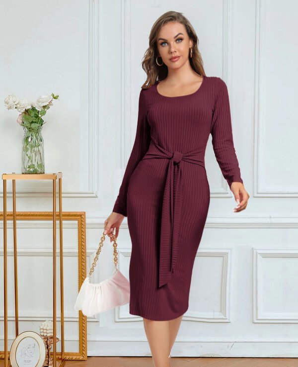 Women's Long Sleeve Tie Split Pit Stripe Midi Dresses - Image 4
