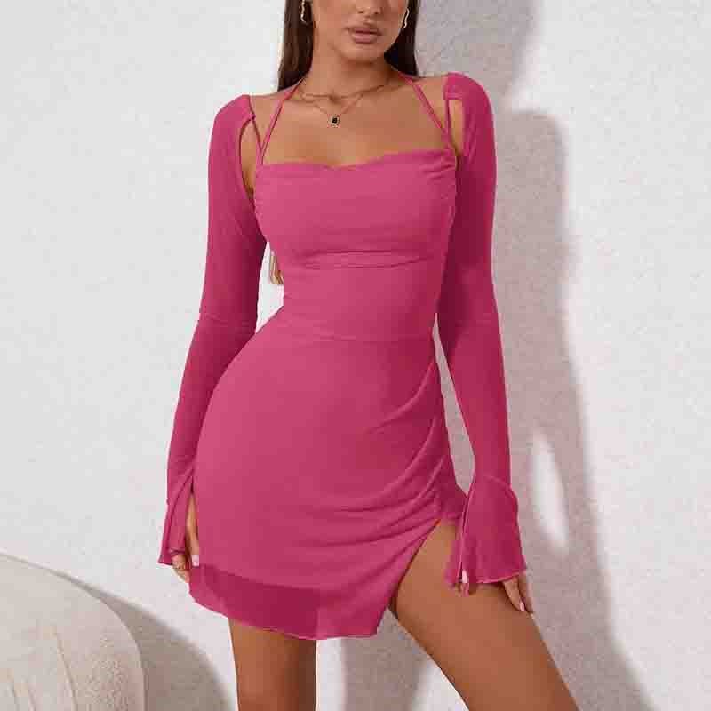Women's Solid Colour Backless Hanging Neck Halter Dresses - Image 2