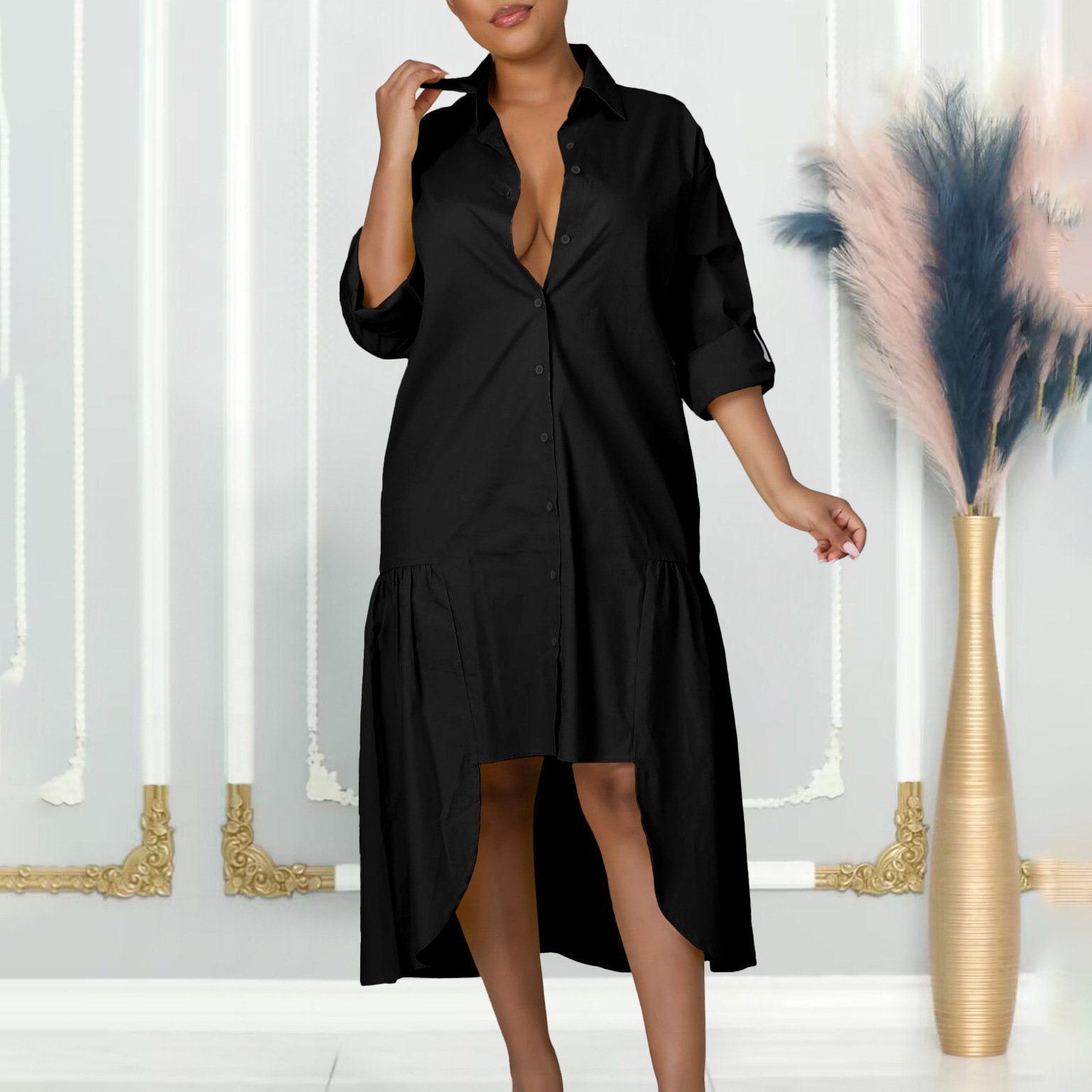 Long Sleeve Irregular Midi Dress Solid Color Plus Size - Image 7