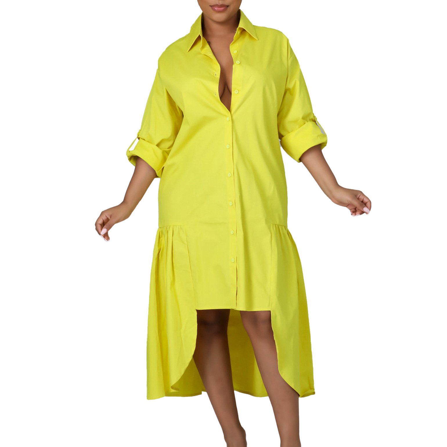 Long Sleeve Irregular Midi Dress Solid Color Plus Size - Image 2