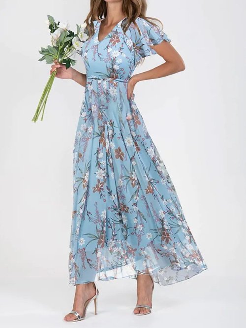 Flowers Print Short Sleeve Dress Summer Fashion Ruffle Beach Dresses Women's Clothing - Image 10